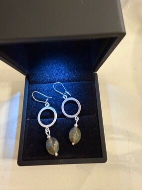 Sterling Silver Circle Drop Earrings with Green Labradorite Beads